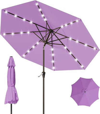 9FT Patio Umbrella with Solar Lights,Outdoor Market Umbrella with Tilt and Crank, LED Lighted Table Umbrella for Garden,Deck,Backyard,Pool,Beach (Taro Purple)