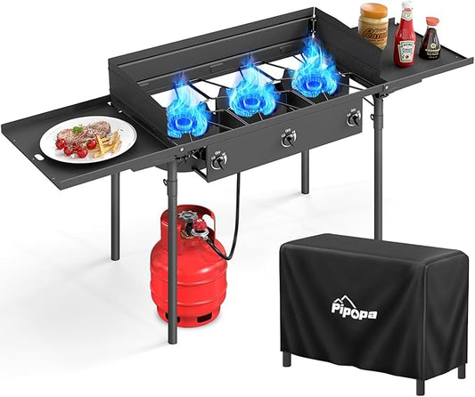 3 Burner Propane Camp Stove | 225,000 BTU | High Pressure Gas Burners | CSA Certified | Side Shelves | Windscreen | Waterproof Cover | Detachable Legs | Ideal for Camping Backyard Outdoor Cooking