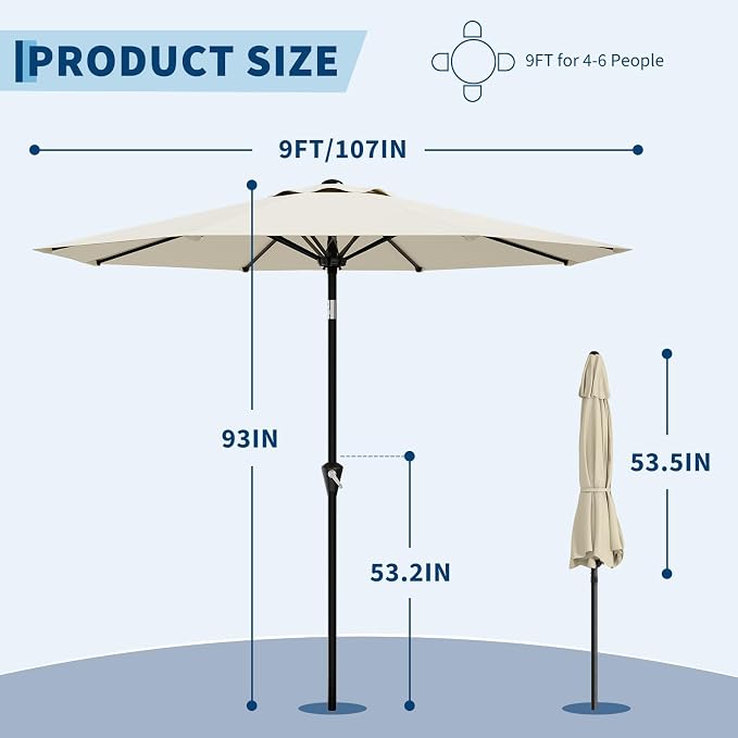 GarveeLife 9FT Patio Umbrella Outdoor, Market Umbrella, Table Umbrella with Push Button Tilt and Crank, 8 Sturdy Ribs UV Protection Waterproof for Garden, Pool, Deck, | Table Umbrella UV Protection Waterproof for Garden, Pool, Market, Deck (Beige White)