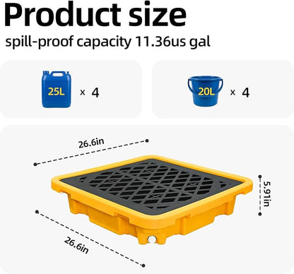 Spill Containment Pallet - Anti-Slip Leakproof Detachable Plastic Tray with Drain for Industrial Use (1 Pc, 26.4 x 26.4 x 6 in)