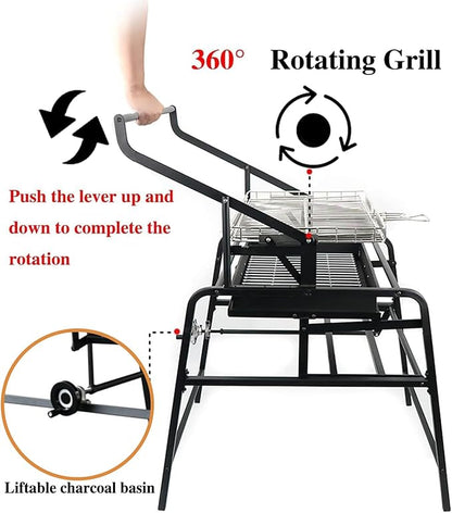 360° Rotating Grill with Adjustable Charcoal Tray, Portable Charcoal Grill Featuring Large Stainless Steel Cooking Grate for Picnics, Camping, and Gatherings