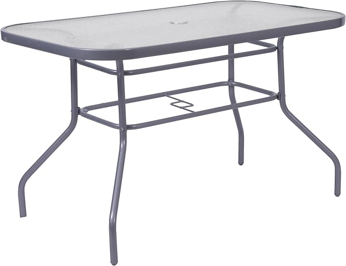Flash Furniture Commercial 27.5x47.25 in Steel Patio Table, Silver | Tempered Glass Top with Umbrella Hole