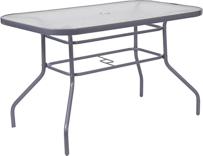 Flash Furniture Commercial 27.5x47.25 in Steel Patio Table, Silver | Tempered Glass Top with Umbrella Hole