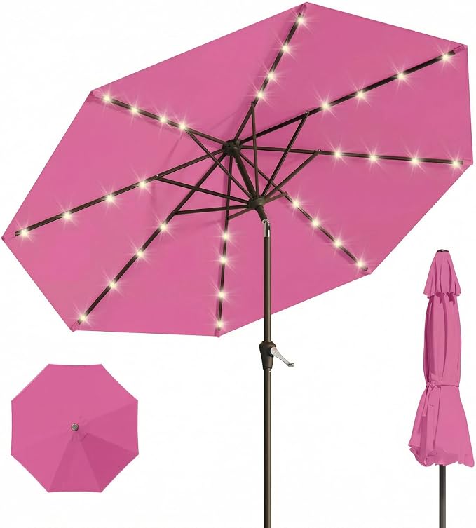 10FT Solar Umbrella 32 LED Lighted Patio Umbrella Table Market Umbrella w/Tilt and Crank, UV-Resistant Outdoor Umbrella for Pool, Garden, Deck, Rose Pink