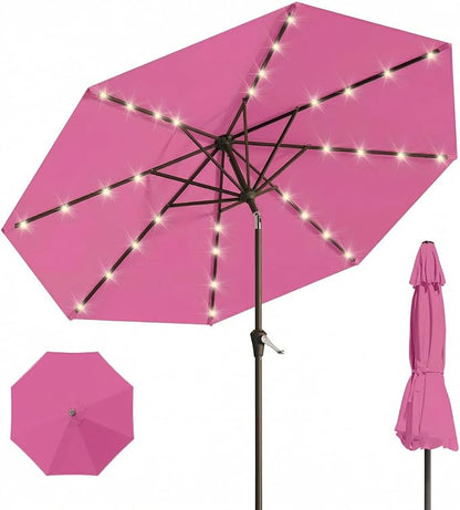 10FT Solar Umbrella 32 LED Lighted Patio Umbrella Table Market Umbrella w/Tilt and Crank, UV-Resistant Outdoor Umbrella for Pool, Garden, Deck, Rose Pink