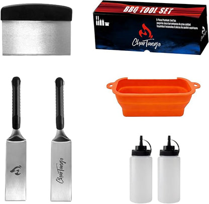 Blackstone Griddle Tools Set with Silicone Grease Tray – Heavy-Duty Stainless Steel Spatulas & Scraper + Drip Pan for Blackstone/Camp Chef – 6-Piece BBQ & Camping Cooking Kit
