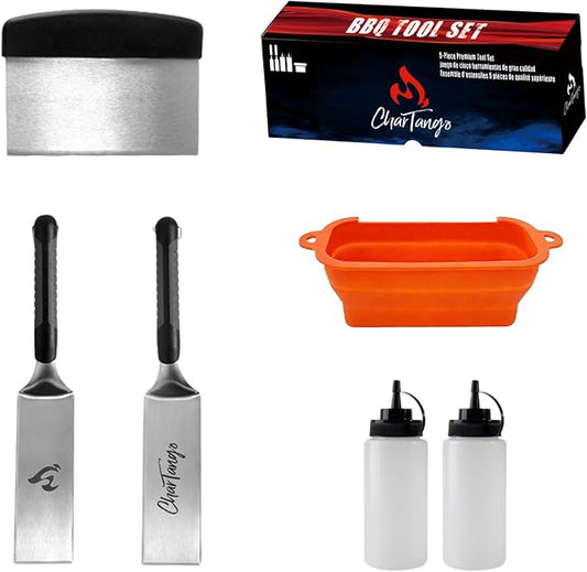 Blackstone Griddle Tools Set with Silicone Grease Tray – Heavy-Duty Stainless Steel Spatulas & Scraper + Drip Pan for Blackstone/Camp Chef – 6-Piece BBQ & Camping Cooking Kit