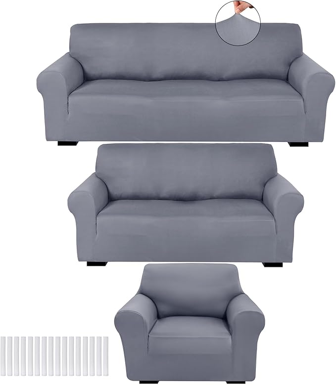 Peryiter 3 Pcs Couch and Loveseat Sofa Covers,Light Gray,Milk Silk | Armchair Covers for Living Room, Sofa Cushion Slipcover, Furniture Protector, Polyester and Spandex, Washable