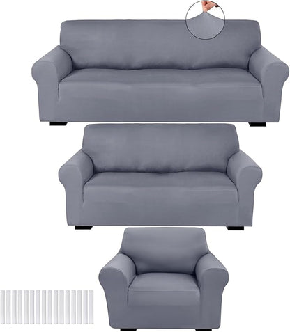 Peryiter 3 Pcs Couch and Loveseat Sofa Covers,Light Gray,Milk Silk | Armchair Covers for Living Room, Sofa Cushion Slipcover, Furniture Protector, Polyester and Spandex, Washable