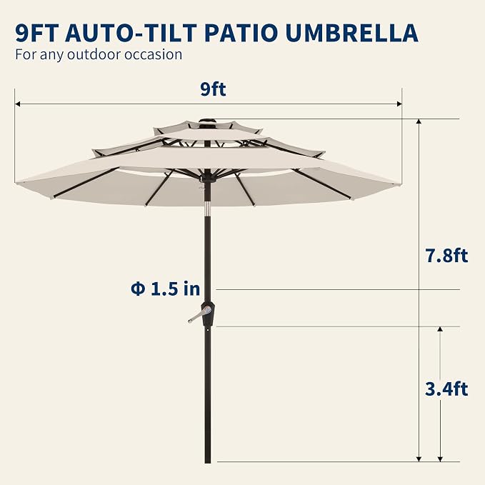 9FT 3 Tiers Patio Umbrella With Auto Tilt And Crank, Outdoor Table Market Umbrella with 8 Sturdy Ribs for Garden, Lawn, Deck, Backyard and Pool