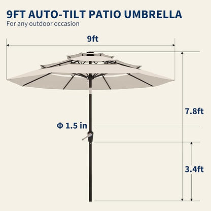 9FT 3 Tiers Patio Umbrella With Auto Tilt And Crank, Outdoor Table Market Umbrella with 8 Sturdy Ribs for Garden, Lawn, Deck, Backyard and Pool