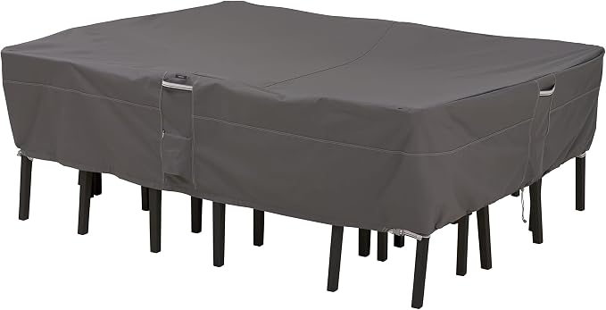 Classic Accessories Ravenna Water-Resistant 108 Inch Rectangular/Oval Patio Table & Chair Set Cover, Large, Taupe, Outdoor Table Cover