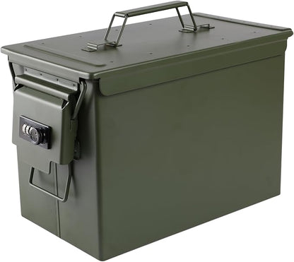 Ammo Can & Ammo Box, Fireproof & Waterproof Metal Storage Box - Perfect for Ammo, Lithium Batteries & RC Car Batteries (Square Lock, Green-13.6 * 7.3 * 8.6")