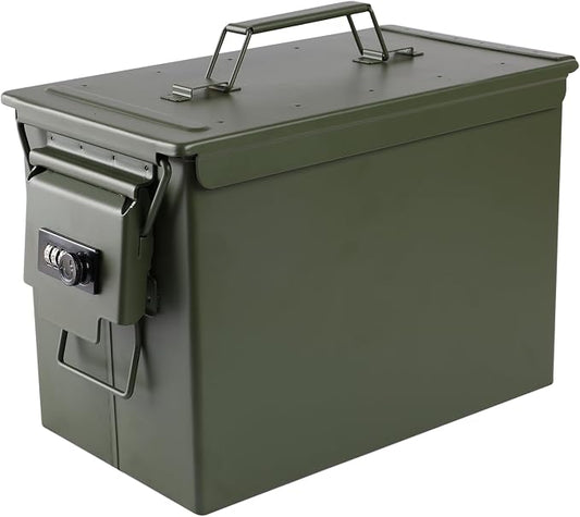 Ammo Can & Ammo Box, Fireproof & Waterproof Metal Storage Box - Perfect for Ammo, Lithium Batteries & RC Car Batteries (Square Lock, Green-13.6 * 7.3 * 8.6")