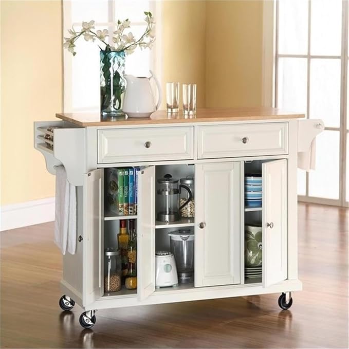 Crosley Furniture Full Size Wood Top Rolling Kitchen Island Storage Cart, Microwave Stand, Spice Rack, White