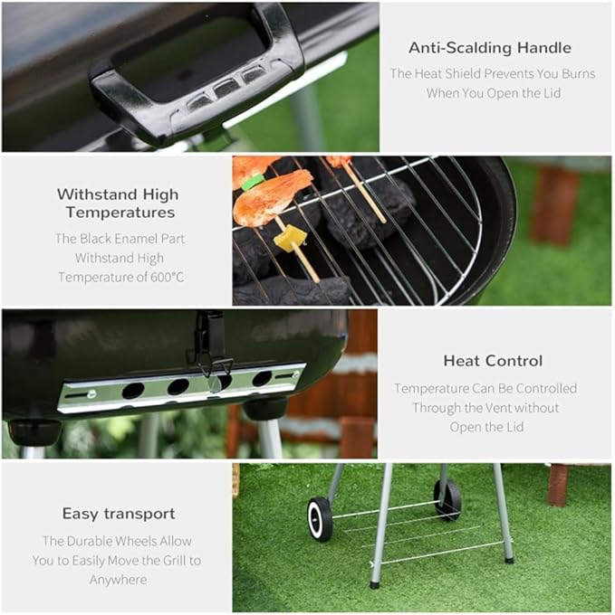 Portable Charcoal Grill with Lockable Lid & Wheels - 35 Inch Outdoor BBQ Grill for Camping, Picnics, Backyard - Porcelain-Enameled Bowl, Adjustable Damper, Warming Grate, Foldable Shelf - Rust-Resista