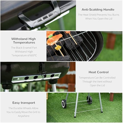 Portable Charcoal Grill with Lockable Lid & Wheels - 35 Inch Outdoor BBQ Grill for Camping, Picnics, Backyard - Porcelain-Enameled Bowl, Adjustable Damper, Warming Grate, Foldable Shelf - Rust-Resista