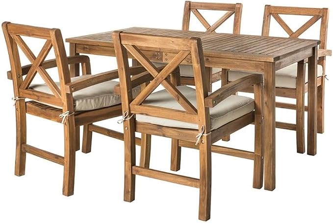 Walker Edison Delray Classic 5 Piece Acacia Wood Outdoor Dining Table and X-Back Chair Set with Cushions, Set of 5, Brown