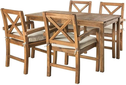 Walker Edison Delray Classic 5 Piece Acacia Wood Outdoor Dining Table and X-Back Chair Set with Cushions, Set of 5, Brown
