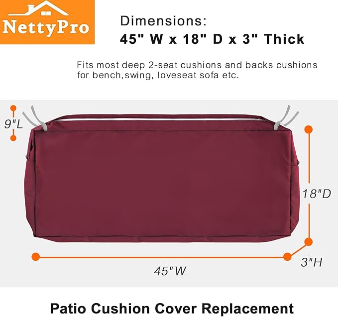 NettyPro Patio Bench Swing Cushion Cover, Outdoor Furniture Cushion Covers Replacement Water Resistant UV Protection Outside Loveseat Cushion Slipcovers with Zipper, 45 x 18 x 3 Inch