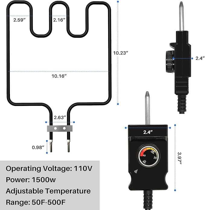 Universal Electric Smoker and Grill Heating Element Replacement Part with Adjustable Thermostat Cord Controlle for Masterbuilt Smokers & Turkey Fryers 1500 Watts