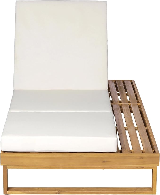 Merax 2 Piece Teak Finish Acacia Wood Chaise Lounge with 4-Inch Cream 3-Fold Water-Resistant Cushion Set, 4-Position Adjustable Outdoor Patio Lounger with Flat Side Surface, for Poolside