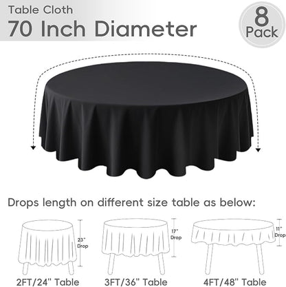 8 Pack Black Round Tablecloths 70 Inch | For 2Ft-3Ft Round Table, Wrinkle Resistant Table Cloth, Washable Polyester Fabric, For Wedding Party Banquet Buffet Camping