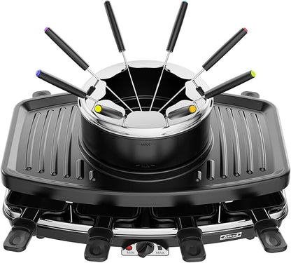 Electric Fondue Pot Sets, Electric lndoor Raclette Table Grill for 8 People, Adjustable Temperature Control and 8 Paddles, Perfect for Parties and Family Fun