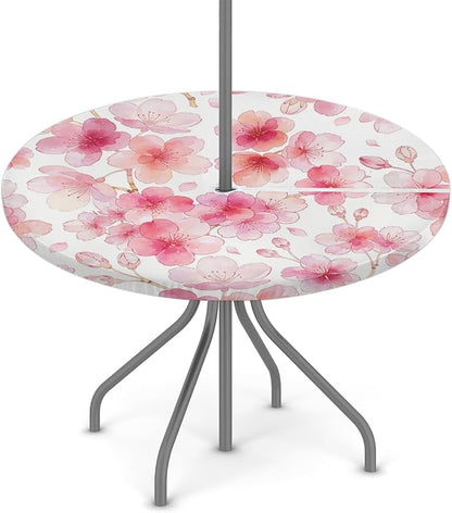 Cherry Blossoming Outdoor Round Fitted Tablecloth with Umbrella Hole and Zipper, 45"-56" Elastic Patio Table Cloth Oil-Proof Waterproof Patio Table Cover for Picnic Party Camping