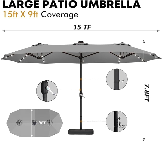 15ft Double-Sided Rectangle Patio Umbrella with 36 LED Solar Lights & Base | UV50+ Weather-Resistant Outdoor Umbrella,Crank Lift,Patio Shade for Pool,Garden,Backyard,Gray