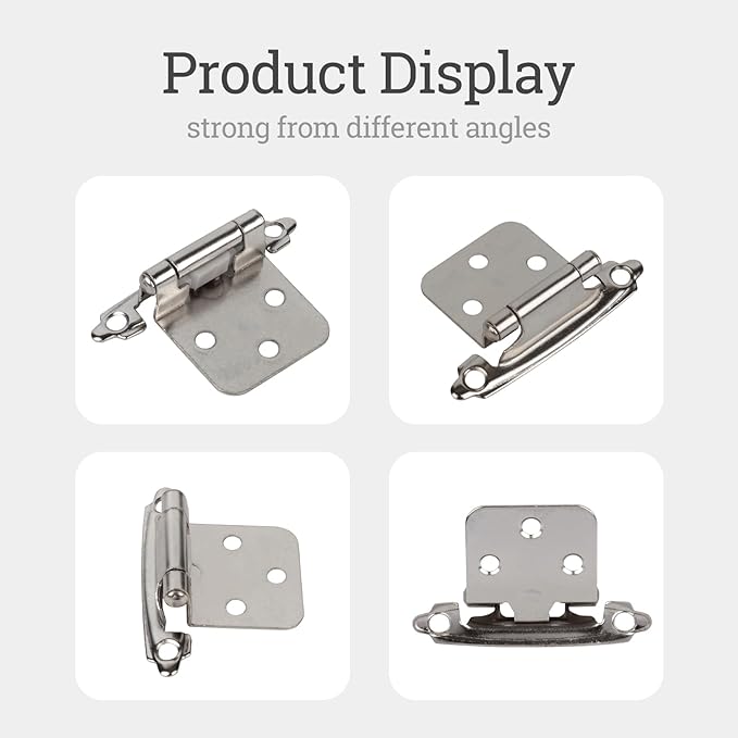 50-Pack Cabinet Hinges, 1/2 Inch Overlay, Satin Nickel Semi-Concealed, Self-Closing, Face Mount