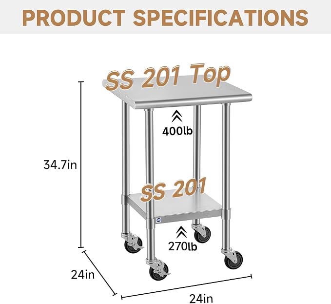 ROCKPOINT All Stainless Steel Prep Table with Caster 24x24 Inch, Commercial Heavy Duty Workbench with Stainless Legs & Adjustable Undershelf, 670 lb Capacity for Outdoor Kitchens with Wheel