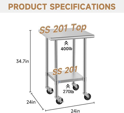 ROCKPOINT All Stainless Steel Prep Table with Caster 24x24 Inch, Commercial Heavy Duty Workbench with Stainless Legs & Adjustable Undershelf, 670 lb Capacity for Outdoor Kitchens with Wheel