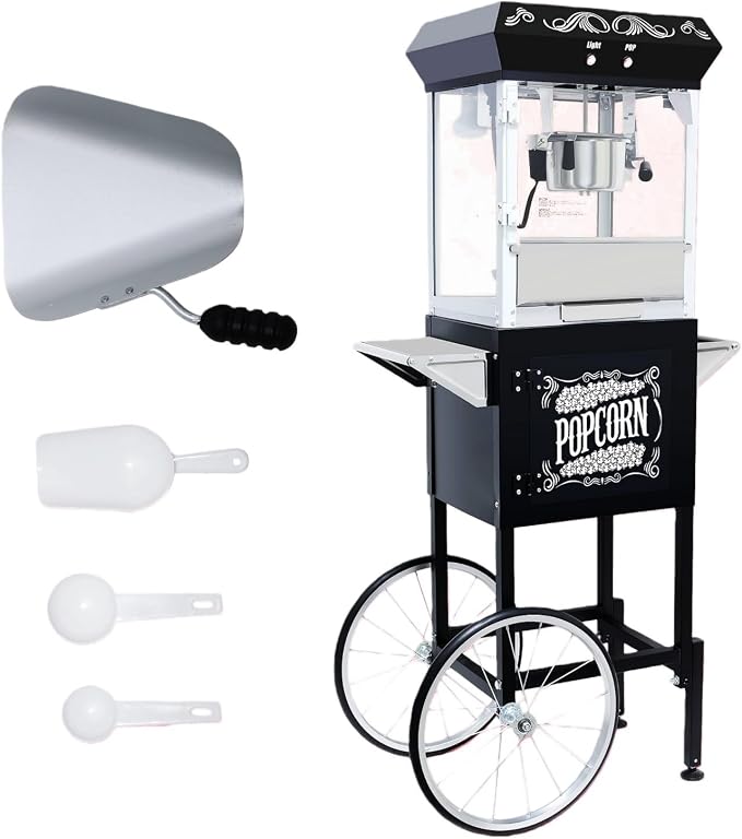 Popcorn Machine with Cart, Popcorn Popper with 8 Oz Kettle Makes Up to 32 Cups, Nostalgia Professional Cart with Warming Deck and Old Maids Drawer, Movie Night Supplies for Home, Black