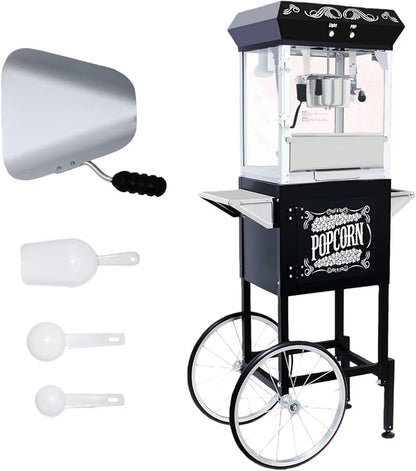 Popcorn Machine with Cart, Popcorn Popper with 8 Oz Kettle Makes Up to 32 Cups, Nostalgia Professional Cart with Warming Deck and Old Maids Drawer, Movie Night Supplies for Home, Black