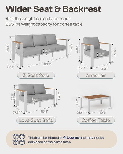 Aluminum Outdoor Patio Furniture Set with Coffee Table, 5 Piece Patio Conversation Sets with Washable Thick Cushions, Patio Sectional Furniture Set for Porch, Balcony, Deck, White