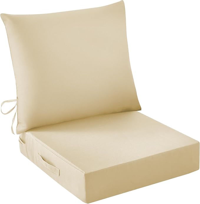 IASEAHK Outdoor Seat Cushion Set, Waterproof & Fade Resistant Patio Chair Cushions, Outdoors Cushion for Patio Furniture, 24 x 24 x 4 Inch, Outdoor Couch Cushions with Handle and Ties, Light Khaki