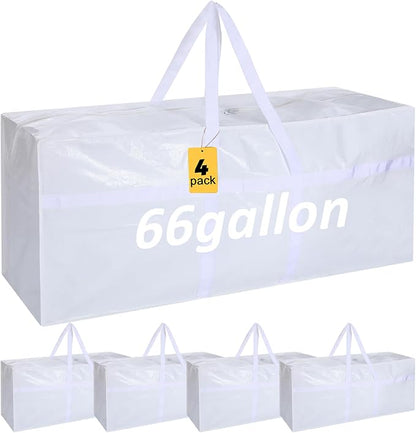4 Pcs 66 Gallon Extra Large Moving Bags Heavy Duty Storage Bag with Strong Zipper Handle Foldable XXL Jumbo Storage Tote Packing Moving Box for College Dorm Travel Cloth Duffle (White)