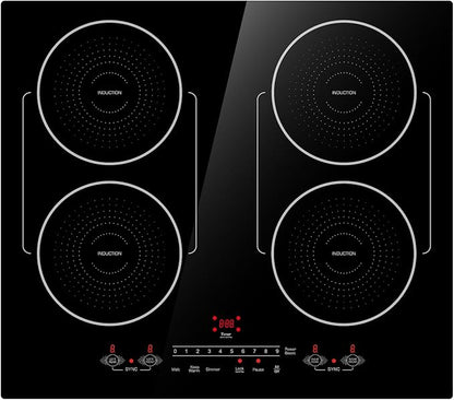 24 Inch Induction Cooktop 4 Burners, Flat Glass Top Electric Stove Hob with Bridge-SYNC, 3 Preset Modes Booster, Timer, Pause, Child Lock, Drop in, 208~240V/40A, Black