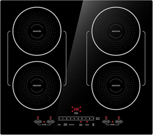 24 Inch Induction Cooktop 4 Burners, Flat Glass Top Electric Stove Hob with Bridge-SYNC, 3 Preset Modes Booster, Timer, Pause, Child Lock, Drop in, 208~240V/40A, Black