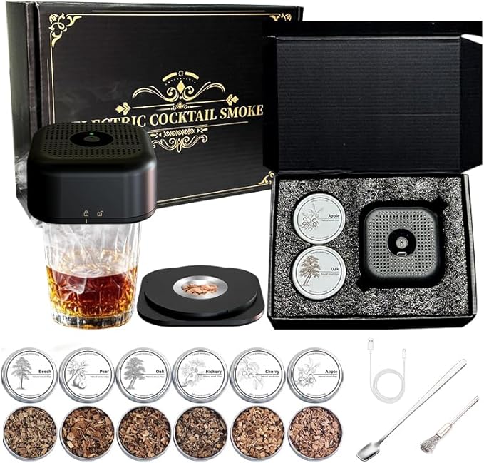 Electric Whiskey Smoker Kit Built-in Lighter, No Butane Needed, Rechargeable Cocktail Smoker Kit with 6 Wood Chips, Old Fashioned Drink Smoker Kit, Bourbon Whiskey Gifts for Men,Dad,Husband