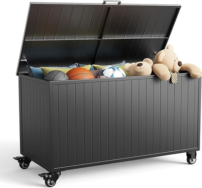 Outdoor Storage Box with Wheels 150 Gallon, Mobile Aluminum Deck Boxes Outdoor Waterproof, UV Resistant Patio Storage Box with Lid for Patio Furniture, Garden Tools, Outdoor Cushion(Blank)