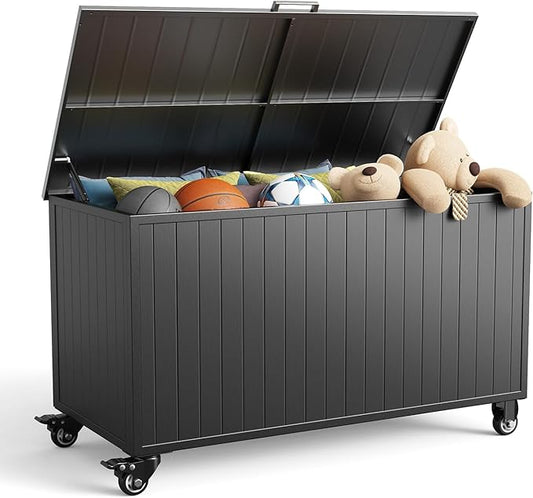 Outdoor Storage Box with Wheels 150 Gallon, Mobile Aluminum Deck Boxes Outdoor Waterproof, UV Resistant Patio Storage Box with Lid for Patio Furniture, Garden Tools, Outdoor Cushion(Blank)