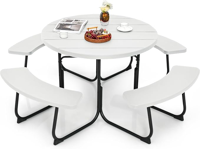 Tangkula 8 Person Picnic Table, Outdoor Round Picnic Table with 4 Built-in Benches, Umbrella Hole, Metal Frame & HDPE Tabletop, Outside Table and Bench Set for Backyard, 2300lbs Weight Capacity