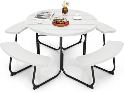Tangkula 8 Person Picnic Table, Outdoor Round Picnic Table with 4 Built-in Benches, Umbrella Hole, Metal Frame & HDPE Tabletop, Outside Table and Bench Set for Backyard, 2300lbs Weight Capacity