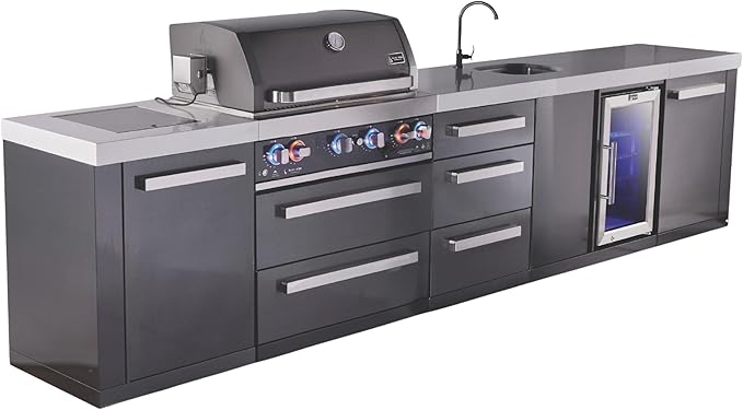 Mont Alpi 145"W x 23"D x 46"H Black Stainless Steel Outdoor Kitchen Island + Fridge Faucet & Sink Combo + 32"W 4-Burner BBQ Grill + Granite Countertops + Storage + Chopping Board + Rotisserie + Cover
