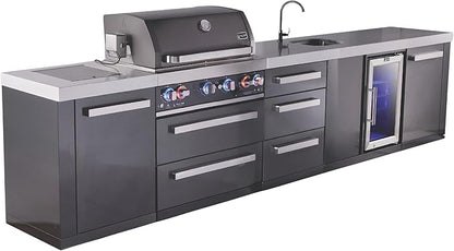 Mont Alpi 145"W x 23"D x 46"H Black Stainless Steel Outdoor Kitchen Island + Fridge Faucet & Sink Combo + 32"W 4-Burner BBQ Grill + Granite Countertops + Storage + Chopping Board + Rotisserie + Cover