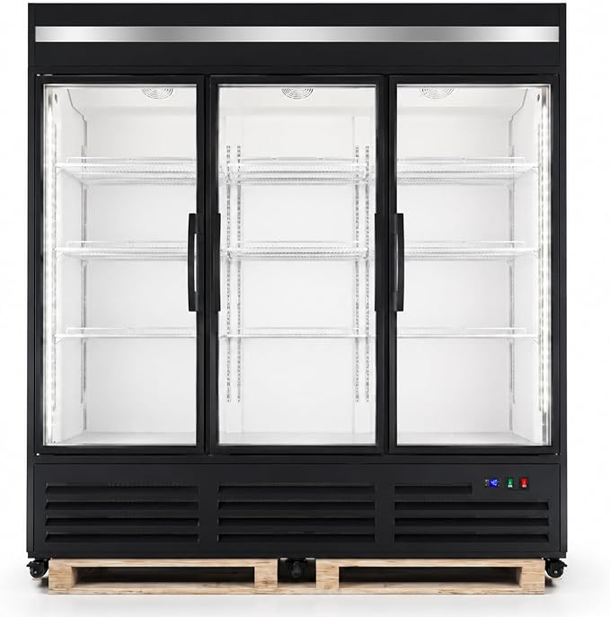 71” Wide Commercial Beverage Refrigerator Display Fridge, Three Glass Door Merchandiser Drink Cooler With LED Light 9 Adjustable Shelves,ETL Sanitation,63.5 Cu Ft,BLACK,Wheels Included