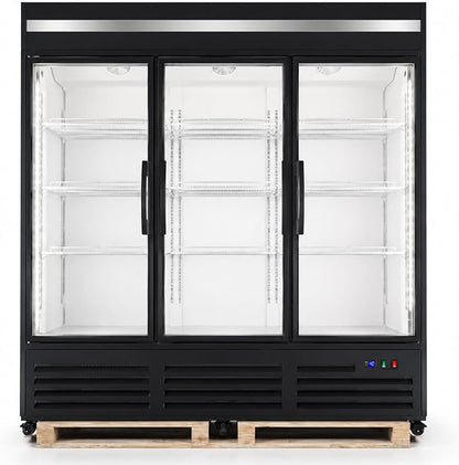 71” Wide Commercial Beverage Refrigerator Display Fridge, Three Glass Door Merchandiser Drink Cooler With LED Light 9 Adjustable Shelves,ETL Sanitation,63.5 Cu Ft,BLACK,Wheels Included