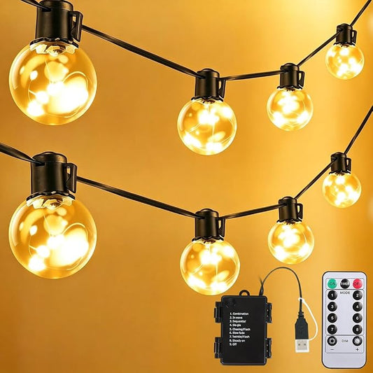 Outdoor String Lights Battery Operated,22ft 20 G40 LED Patio Bulbs | Warm White Dimmable Remote Timer IP65 Waterproof Hanging Globe Bulb Shatterproof for Backyard Balcony Bistro Christmas Decor